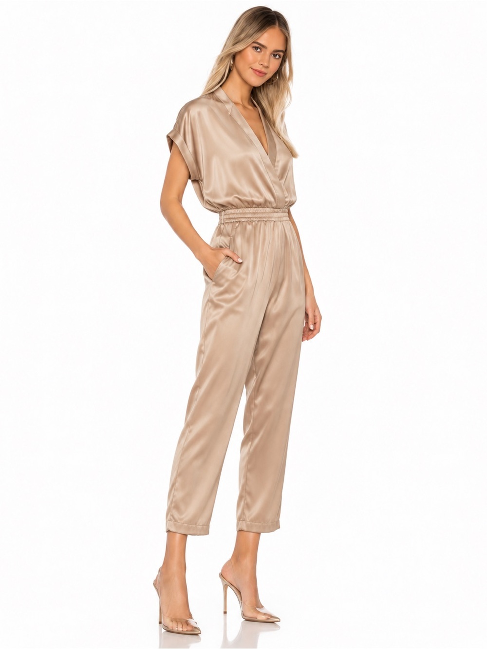 Amanda Uprichard 100% Silk Champagne Wrap Jumpsuit Wedding Guest Size S Cocktail